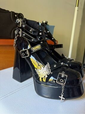 Black Patent Platform Mary Jane Heels with Studs & Charm